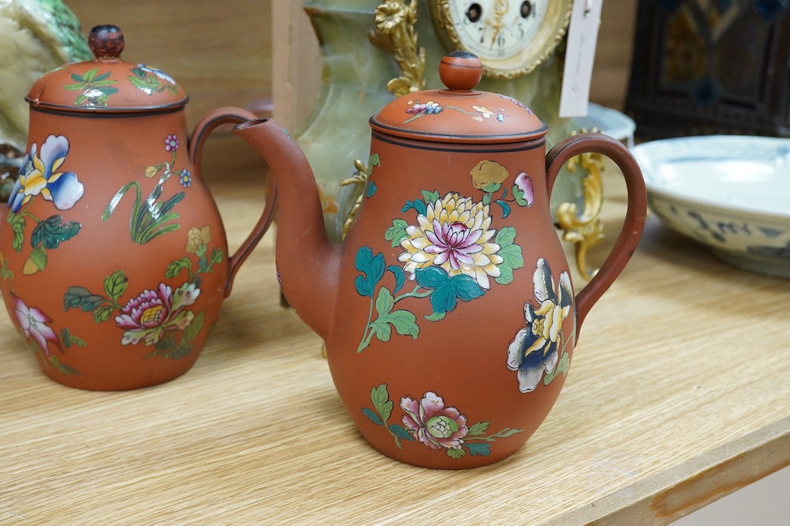 A Beswick woodpecker, two Myott jugs and two Wedgwood teapots and covers, largest 22cm
